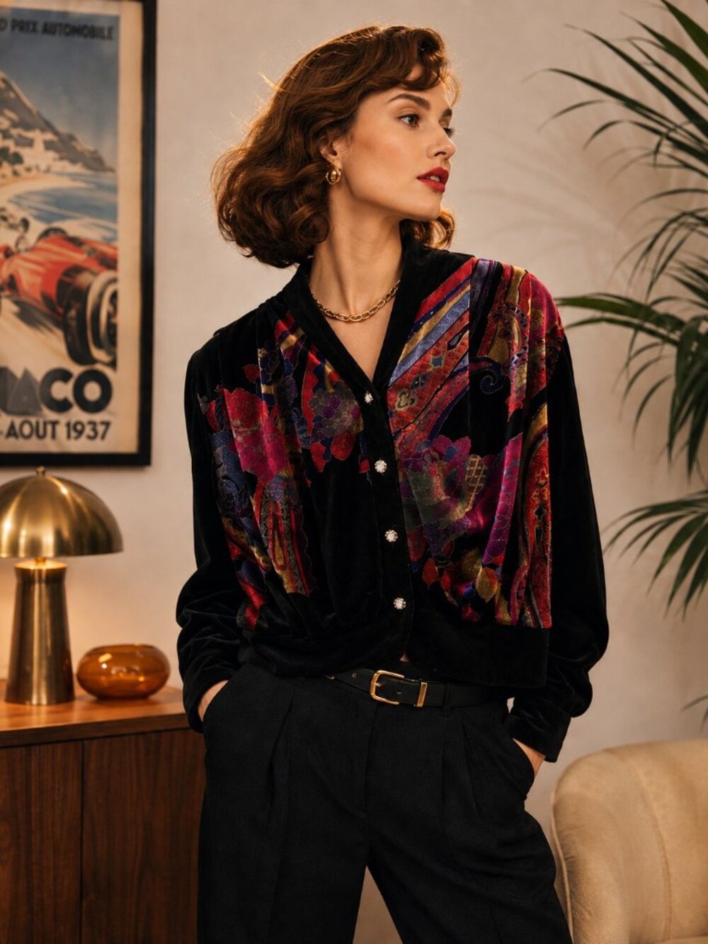 Vintage Black Velvet Floral Baroque Jacket Shirt | Size M